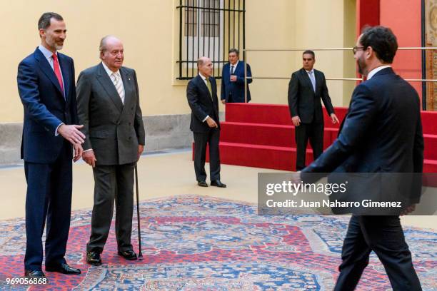 King Felipe VI of Spain and King Juan Carlos receive COTEC Foundation members at Palacio Real De El Pardo on June 7, 2018 in Madrid, Spain.