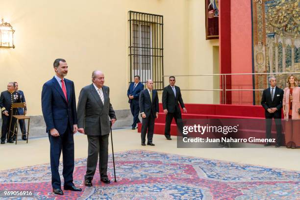 King Felipe VI of Spain and King Juan Carlos receive COTEC Foundation members at Palacio Real De El Pardo on June 7, 2018 in Madrid, Spain.