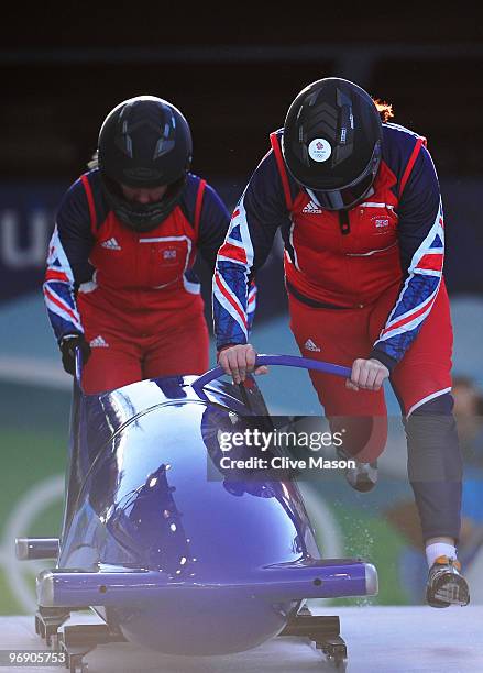 Great Britain 2 piloted by Paula Walker practice during the Women's Two-Man Bobsleigh training on day 9 of the 2010 Vancouver Winter Olympics at the...