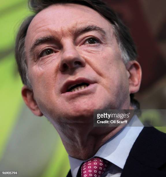 Business Secretary Lord Mandelson speaks before British Prime Minister Gordon Brown delivers a speech at the University of Warwick on February 20,...