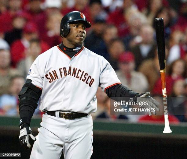 San Francisco Giants slugger Barry Bonds reacts to being walked in the fourth inning by the Anaheim Angels during Game 6 of the World Series in...