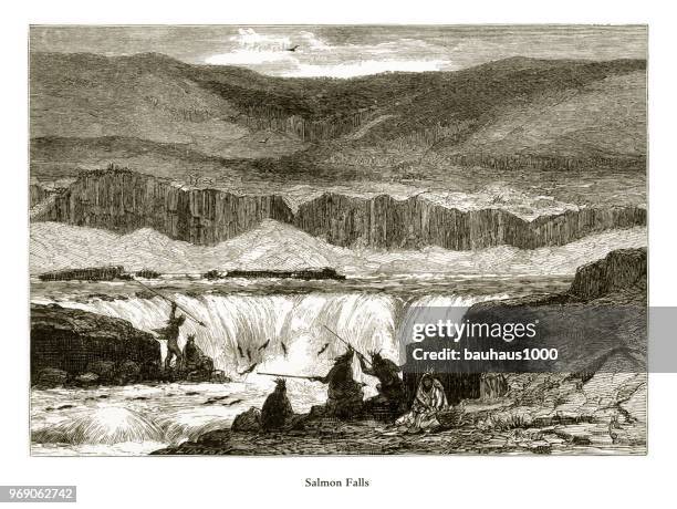 stockillustraties, clipart, cartoons en iconen met zalm falls, columbia river, oregon, verenigde staten, amerikaanse victoriaanse gravure, 1872 - oregon amerikaanse staat