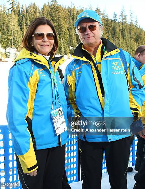 Swedish King Carl Gustaf and Swedish Queen Silvia after the finish of the Men's 30 km Pursuit on day 9 of the 2010 Vancouver Winter Olympics at...