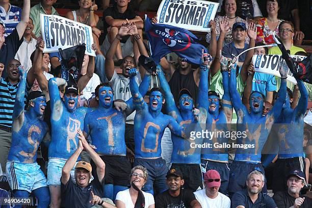 Stormers fans enjoy the rugby during the Super 14 match between Stormers and Waratahs at Newlands Rugby Stadium on February 20, 2010 in Cape Town,...