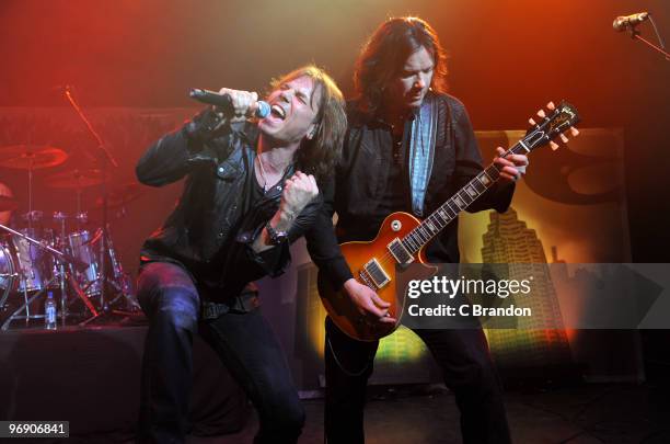 Joey Tempest and John Norum of Europe perform on stage at Shepherds Bush Empire on February 20, 2010 in London, England.