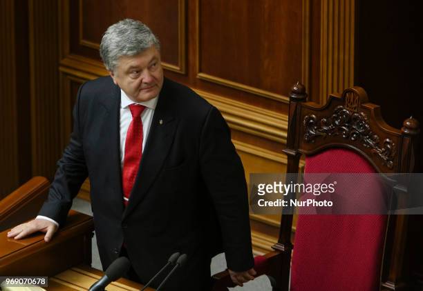 President Petro Poroshenko looks after the result of voting on the anticorruption court bill during the session of Parliament in Kyiv, Ukraine, June...