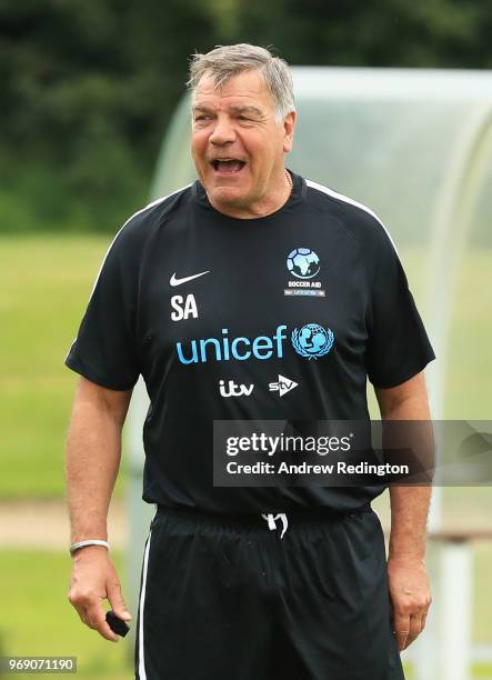 Sam Allardyce manager of England takes part in training during a Soccer Aid for UNICEF media session at Fulham FC training ground on June 7, 2018 in...