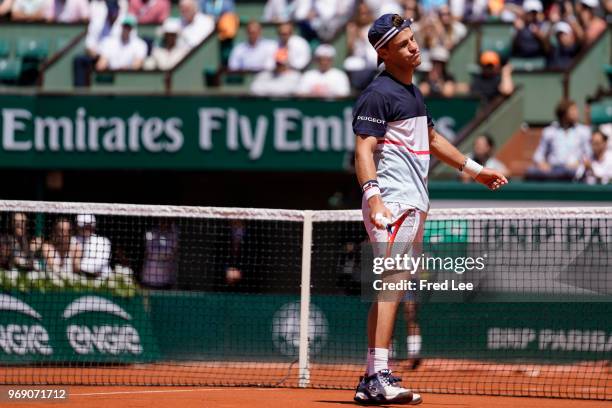 Diego Schwartzman of Argentina reacts during the mens singles quarter finals match against Rafael Nadal of Spain during day twelve of the 2018 French...