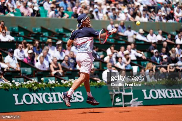 Diego Schwartzman of Argentina plays a forehand during the mens singles quarter finals match against Rafael Nadal of Spain during day twelve of the...