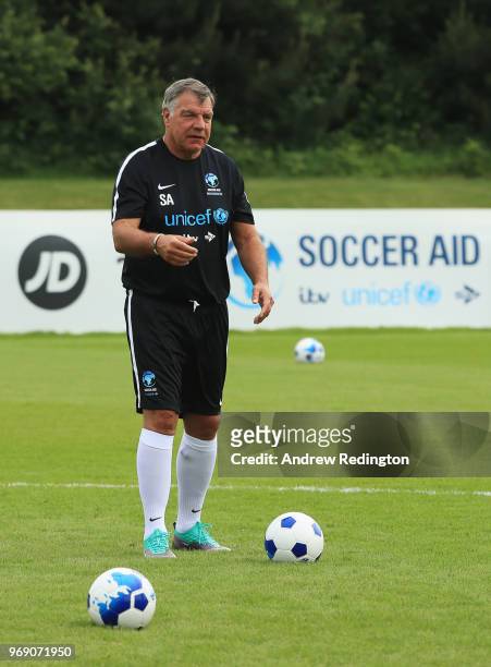 Sam Allardyce manager of England takes part in training during a Soccer Aid for UNICEF media session at Fulham FC training ground on June 7, 2018 in...