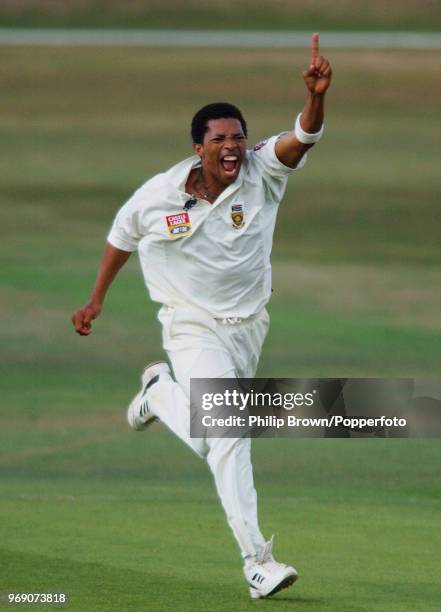 Makhaya Ntini of South Africa celebrates the wicket of England's Alec Stewart during the 4th Test match between England and South Africa at...