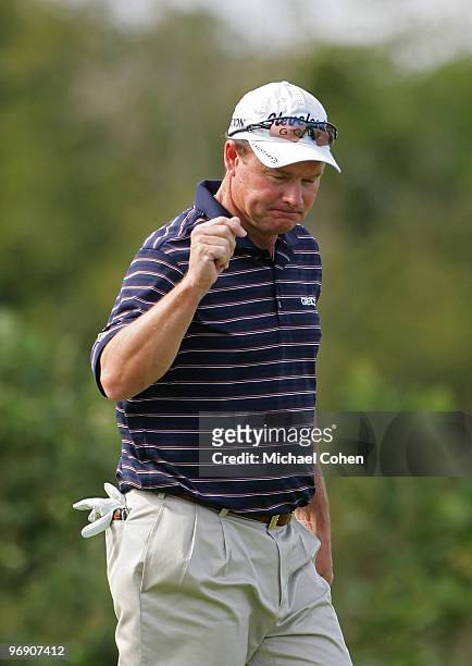 Joe Durant reacts to his birdie putt on the ninth hole during the third round of the Mayakoba Golf Classic at El Camaleon Golf Club held on February...
