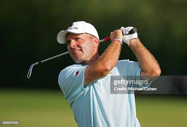 Thomas Levet of France hits his second shot on the 16th hole during the third round of the Mayakoba Golf Classic at El Camaleon Golf Club held on...