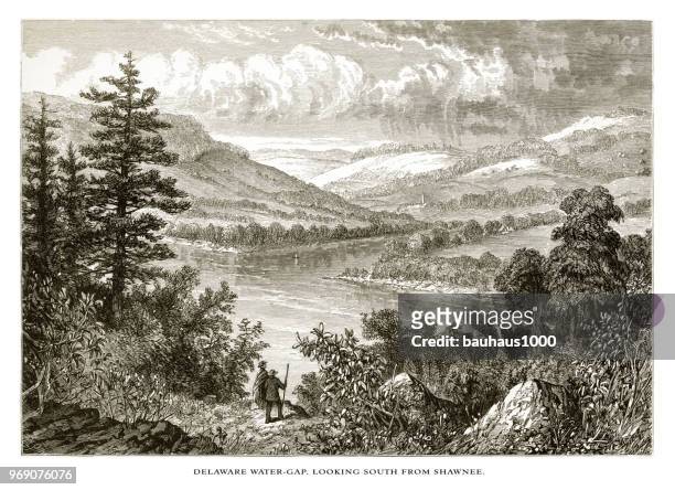 delaware river water gap looking south from shawnee, pennsylvania, united states, american victorian engraving, 1872 - delaware water gap stock illustrations