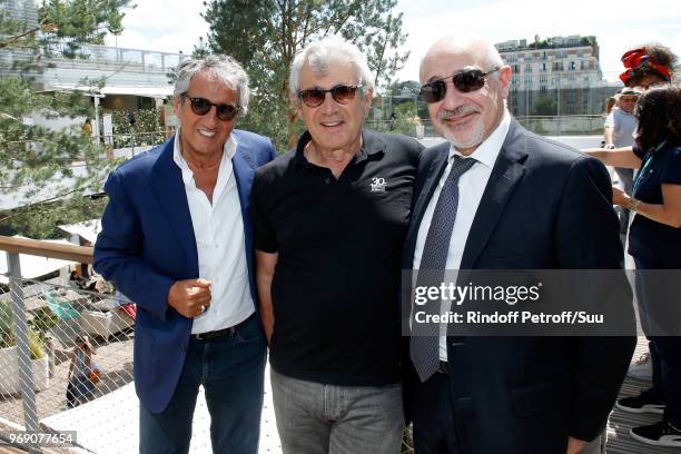 Actors Richard Anconina, Michel Boujenah and President of the Crif, Francis Kalifat attend the 2018 French Open - Day Twelve at Roland Garros on June...