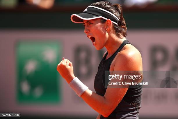 Garbine Murguruza of Spain celebrates during the ladies singles semi-final match against Simona Halep of Romania during day twelve of the 2018 French...