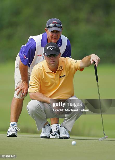 Cameron Beckman lines up a putt on the fifth hole during the third round of the Mayakoba Golf Classic at El Camaleon Golf Club held on February 20,...