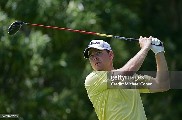 Matt Weibring hits his drive on the fourth hole during the third round of the Mayakoba Golf Classic at El Camaleon Golf Club held on February 20,...