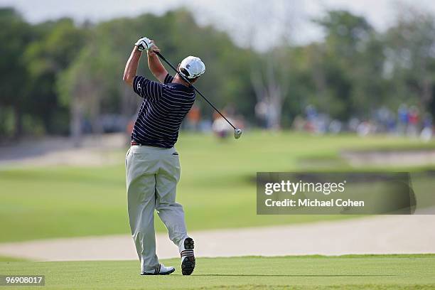 Joe Durant hits his drive on the ninth hole during the third round of the Mayakoba Golf Classic at El Camaleon Golf Club held on February 20, 2010 in...