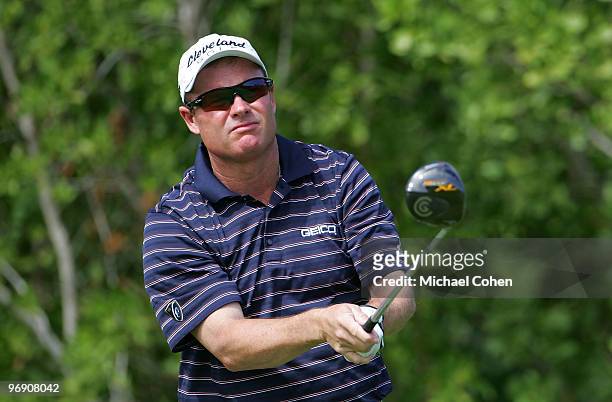 Joe Durant hits his drive on the sixth hole during the third round of the Mayakoba Golf Classic at El Camaleon Golf Club held on February 20, 2010 in...