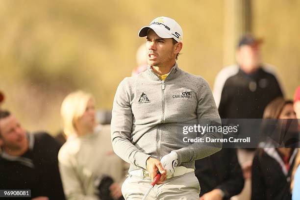 Camilo Villegas of Colombia reacts on the 15th hole during round four of the Accenture Match Play Championship at the Ritz-Carlton Golf Club on...