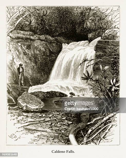 caldeno falls, delaware river water gap, pennsylvania, united states, american victorian engraving, 1872 - delaware water gap stock illustrations