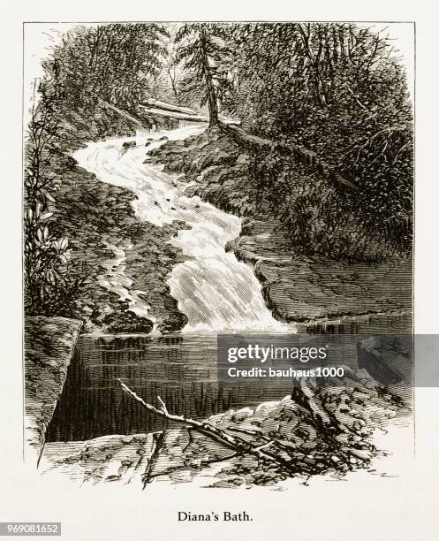 diana’s bath, delaware river water gap, pennsylvania, united states, american victorian engraving, 1872 - delaware water gap stock illustrations