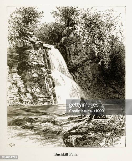 bushkill falls, delaware river water gap, pennsylvania, united states, american victorian engraving, 1872 - delaware water gap stock illustrations