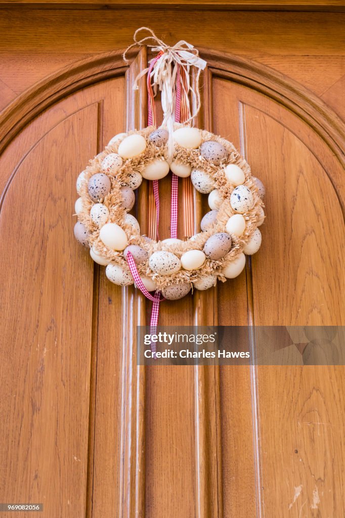 Easter wreath on door. Images taken in or around the town of Obernai in the Alsace Region of France.