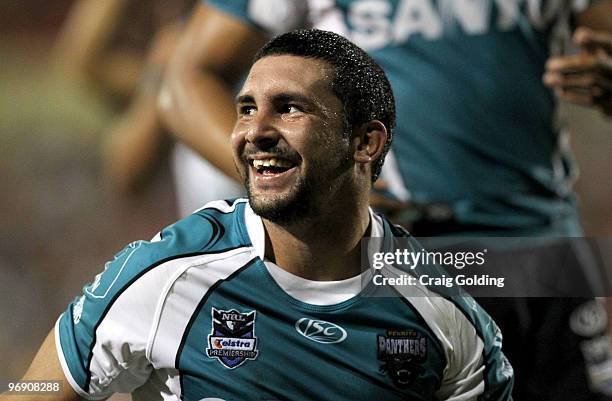 Ryan Walker of the Panthers celebrates scoring a try during the NRL trial match between the Penrith Panthers and the Parramatta Eels at CUA Stadium...