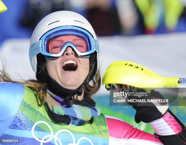 S Julia Mancuso reacts in the finish area during the slalom of the Women's Vancouver 2010 Winter Olympics Super Combined event at Whistler Creek side...