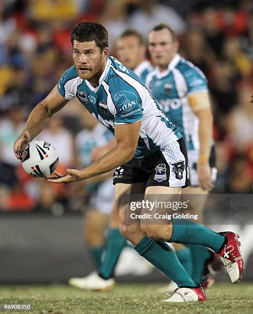 Kevin Kingston of the Panthers offloads the ball during the NRL trial match between the Penrith Panthers and the Parramatta Eels at CUA Stadium on...