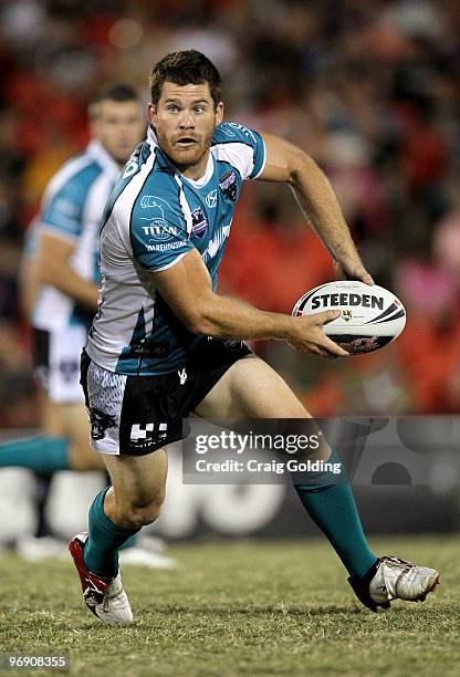 Kevin Kingston of the Panthers looks to pass during the NRL trial match between the Penrith Panthers and the Parramatta Eels at CUA Stadium on...