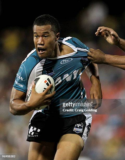 Joseph Paulo of the Panthers is tackled during the NRL trial match between the Penrith Panthers and the Parramatta Eels at CUA Stadium on February...