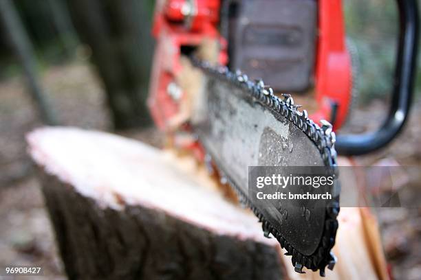 close up of chainsaw on a stump - kettingzaag stockfoto's en -beelden