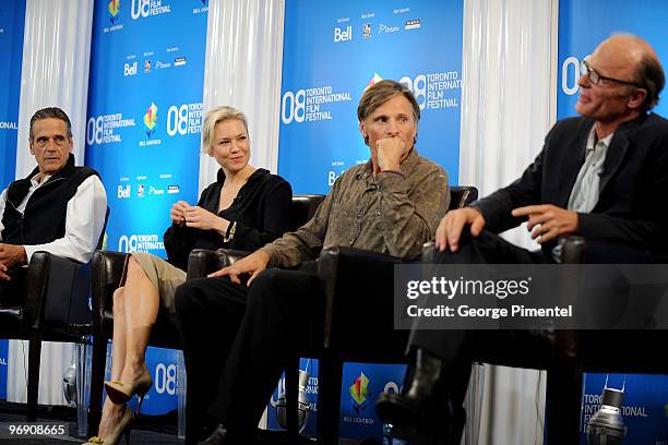 Actors Jeremy Irons, Renee Zellweger, Viggo Mortensen and director/actor Ed Harris speak at the "Appaloosa" press conference during the 2008 Toronto...