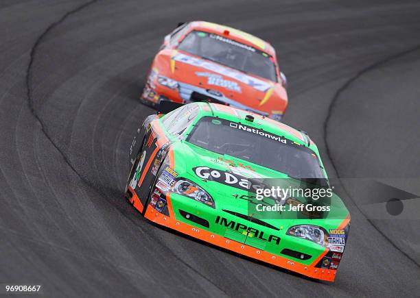 Danica Patrick, driver of the GoDaddy.com Chevrolet, races during the NASCAR Nationwide Series Stater Bros. 300 at Auto Club Speedway on February 20,...