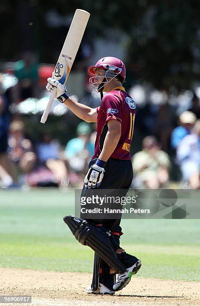 Watling of the Knights celebrates his century during the One Day Final match between the Auckland Aces and the Northern Knights at Colin Maiden Park...