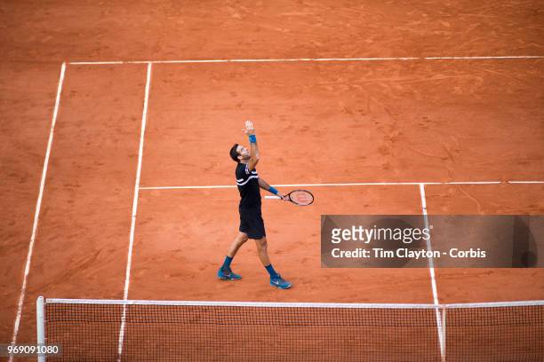 June 4. French Open Tennis Tournament - Day Nine. Juan Martin Del Potro of Argentina celebrates his win against John Isner of the United States on...