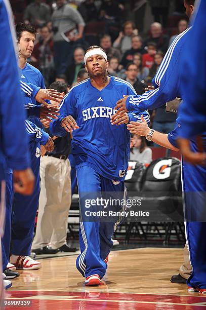 Allen Iverson of the Philidelphia 76ers runs through his teammates during the starting line up, before a game against the Chicago Bulls during the...