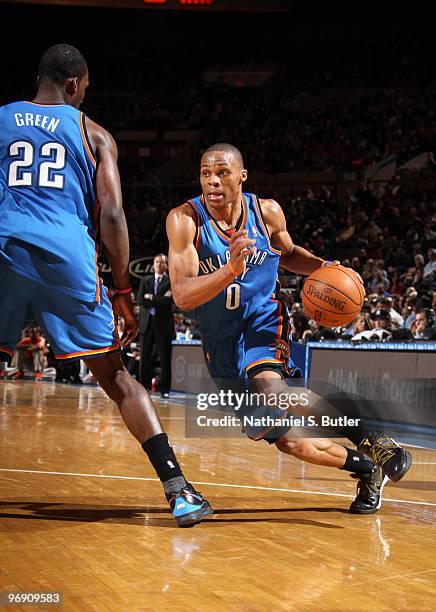 Russell Westbrook of the Oklahoma City Thunder drives against the New York Knicks on February 20, 2010 at Madison Square Garden in New York City....