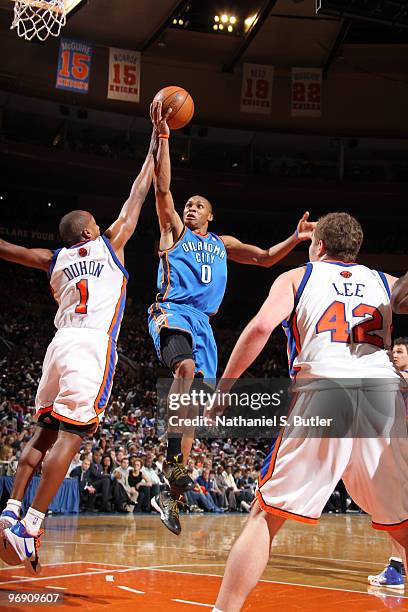 Russell Westbrook of the Oklahoma City Thunder shoots against Chris Duhon of the New York Knicks on February 20, 2010 at Madison Square Garden in New...