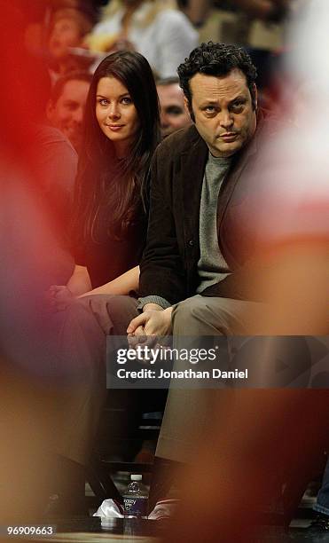 Actor Vince Vaughn and his wife Kyla Weber take in a game between the Chicago Bulls and the Philadelphia 76ers at the United Center on February 20,...