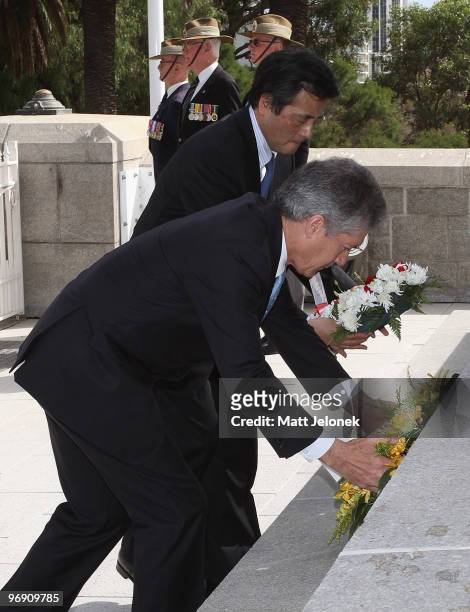 Japan's Minister For Foreign Affairs Katsuya Okada and Australia Minister for Foreign Affairs Stephen Smith lay flowers at the State War Memorial...