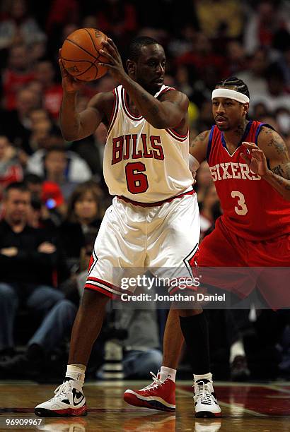 Ronald Murray of the Chicago Bulls works against Allen Iverson of the Philadelphia 76ers at the United Center on February 20, 2010 in Chicago,...