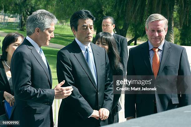 Australian Minister for Foreign Affairs Stephen Smith, Japan's Minister For Foreign Affairs Katsuya Okada and West Australian Premier Colin Barnett...