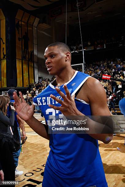 Daniel Orton of the Kentucky Wildcats celebrates after the game against the Vanderbilt Commodores at Memorial Gymnasium on February 20, 2010 in...