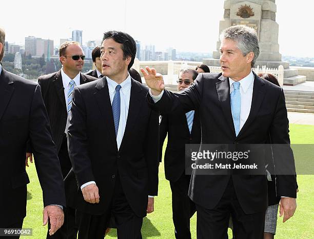 Japan's Minister For Foreign Affairs Katsuya Okada and Australia Minister for Foreign Affairs Stephen Smith walk through Kings Park on February 21,...