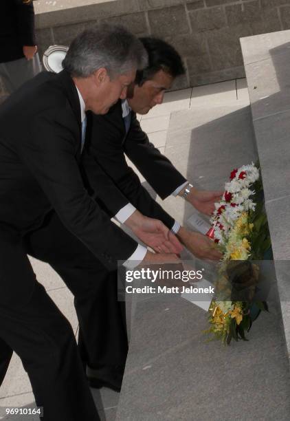 Japan's Minister For Foreign Affairs Katsuya Okada and Australia Minister for Foreign Affairs Stephen Smith lay flowers at the State War Memorial in...