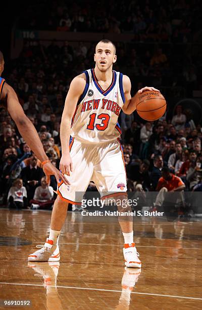 Sergio Rodriguez of the New York Knicks looks for an opening against the Oklahoma City Thunder on February 20, 2010 at Madison Square Garden in New...